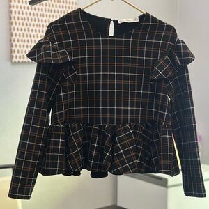 Zara Trafaluc Collection Black and Brown Ruffle Blouse